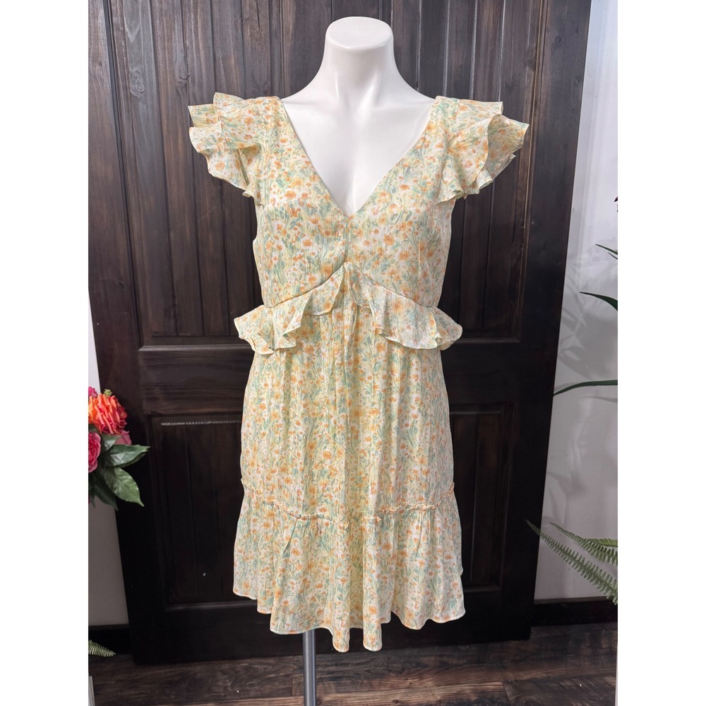 Lola Grace Floral Ruffle Mini Dress Yellow Orange Metallic V-Neck Tie Back L NEW